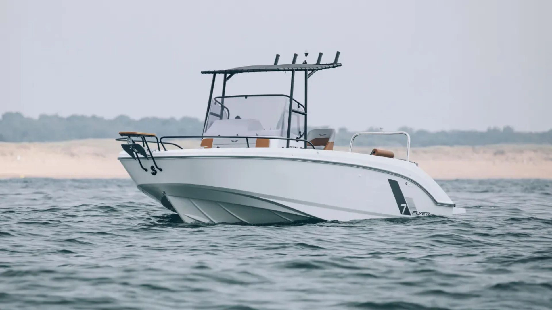 front view of Flyer 7 Spacedeck on the water