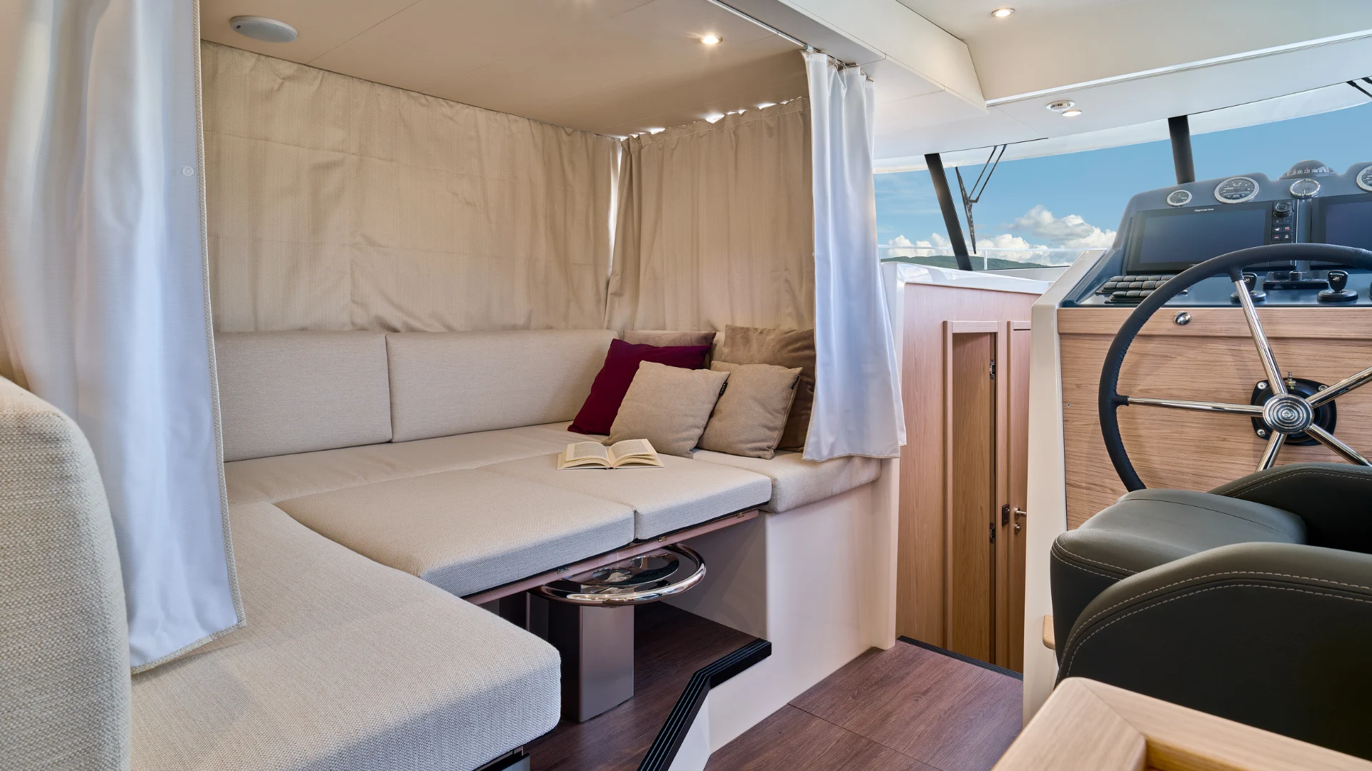 Beneteau Swift Trawler 48 Saloon Seating turned into bed