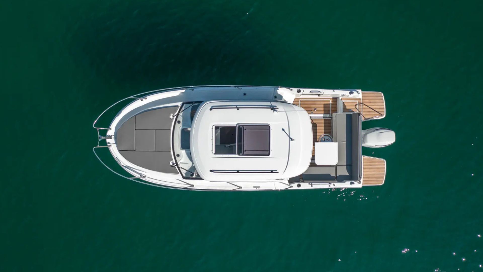Beneteau Antares 8 on the water - birdseye view from drone